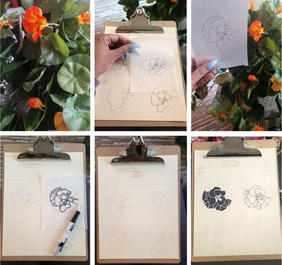 Photos of faux nasturtium plant with sketch and tracing paper with drawings