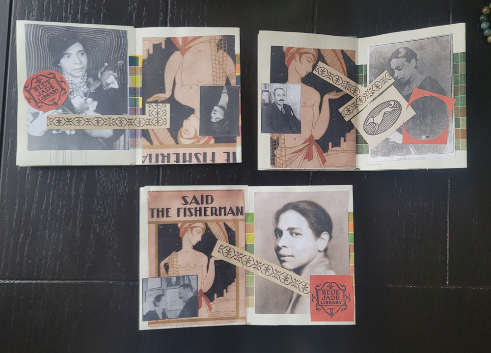 Centerfold of 3 handmade zines with similar collaged images